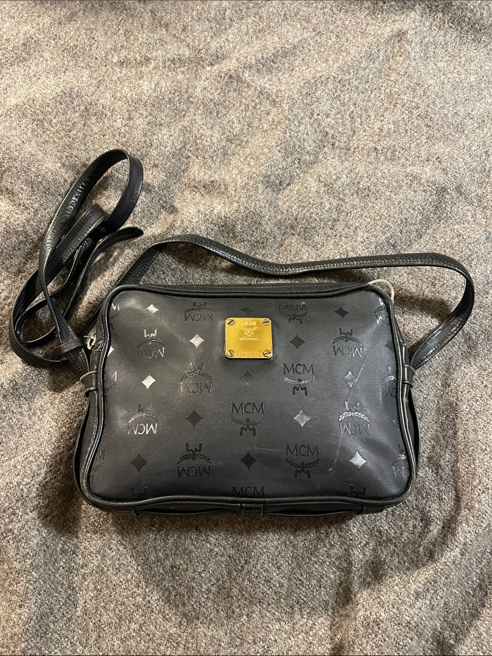 MCM Black Logo Crossbody with Gold Plate
